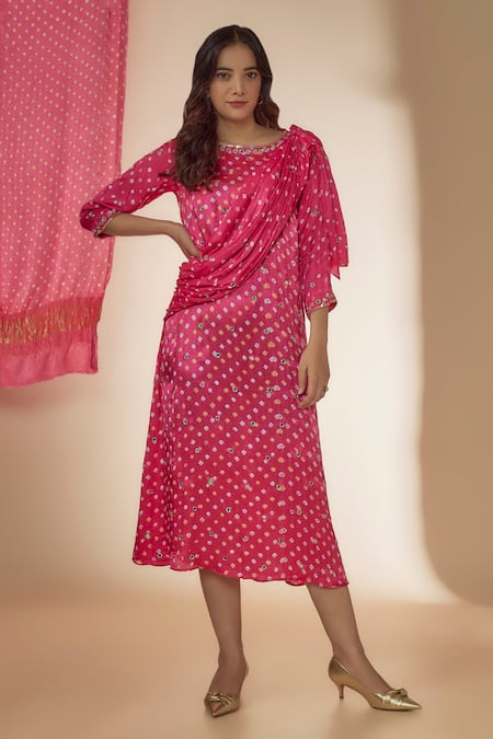 Sheeshakari_Pink Silk Mirrors, Beads Round Neck Bandhani Print Draped Saree Dress _Online_at_Aza_Fashions