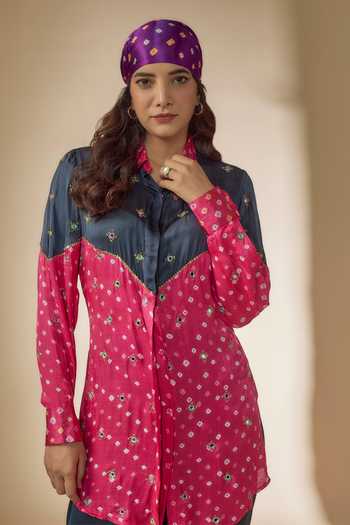 Sheeshakari_Pink Silk Mirrors, Beads Collared Bandhani Print Panelled Shirt With Pant _Online_at_Aza_Fashions