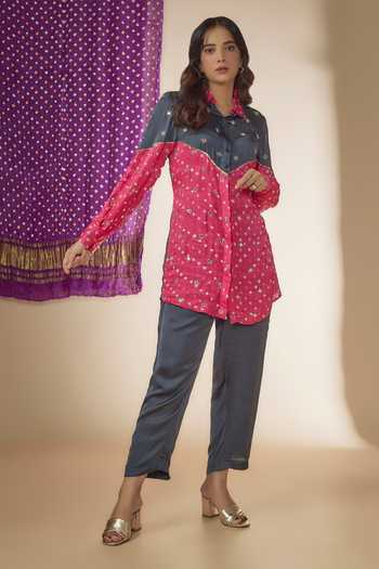 Shop_Sheeshakari_Pink Silk Mirrors, Beads Collared Bandhani Print Panelled Shirt With Pant _Online_at_Aza_Fashions