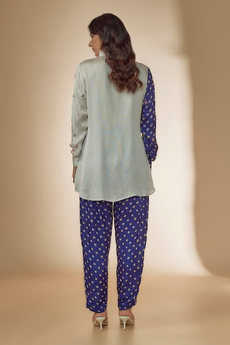 Shop Sheeshakari Blue Silk Beads, Mirrors Collared Work Panelled Shirt With Pant at Aza Fashions Shop_Sheeshakari_Blue Silk Beads, Mirrors Collared Work Panelled Shirt With Pant _at_Aza_Fashions
