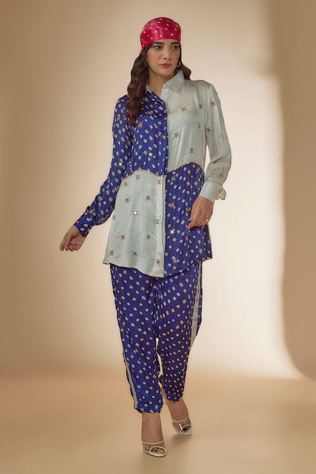 Buy Sheeshakari Blue Silk Beads, Mirrors Collared Work Panelled Shirt With Pant Online at Aza Fashions Buy_Sheeshakari_Blue Silk Beads, Mirrors Collared Work Panelled Shirt With Pant _Online_at_Aza_Fashions