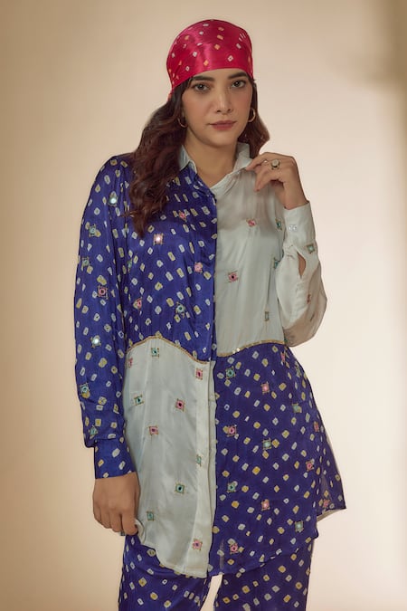 Shop Sheeshakari Blue Silk Beads, Mirrors Collared Work Panelled Shirt With Pant Online at Aza Fashions Shop_Sheeshakari_Blue Silk Beads, Mirrors Collared Work Panelled Shirt With Pant _Online_at_Aza_Fashions