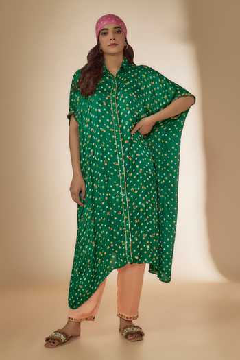 Sheeshakari_Green Silk Beads, Mirrors Collared Work Kaftan Kurta With Pant _Online_at_Aza_Fashions