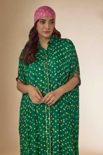 Buy_Sheeshakari_Green Silk Beads, Mirrors Collared Work Kaftan Kurta With Pant _Online_at_Aza_Fashions