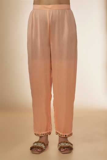 Shop_Sheeshakari_Green Silk Beads, Mirrors Collared Work Kaftan Kurta With Pant _Online_at_Aza_Fashions