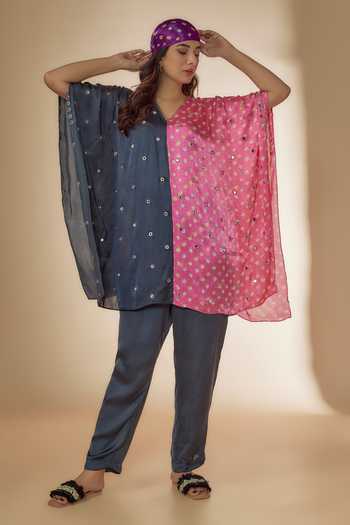 Buy_Sheeshakari_Pink Silk Beads, Embroidery V-neck Bandhani Print Kaftan Top With Pant _Online_at_Aza_Fashions