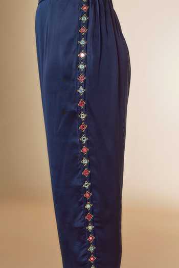 Sheeshakari_Blue Silk Mirrors, Beads, Embroidery Collared Work Shirt With Pant _Online_at_Aza_Fashions