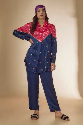 Buy_Sheeshakari_Blue Silk Mirrors, Beads, Embroidery Collared Work Shirt With Pant _Online_at_Aza_Fashions