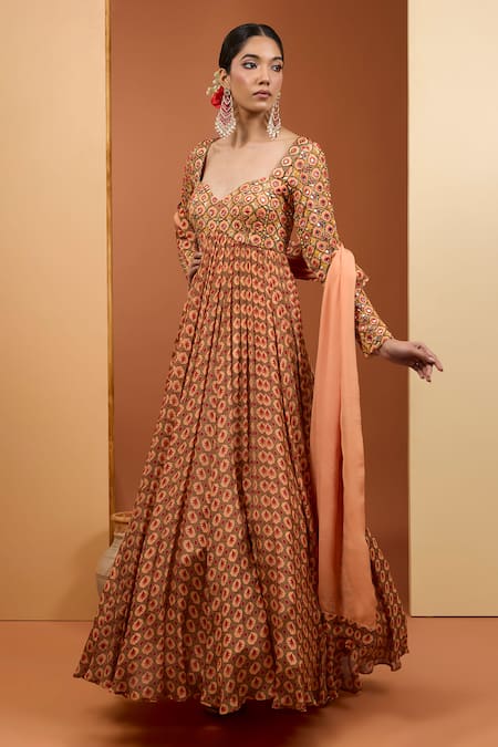 Neha Khullar Peach Viscose Chiffon Digital Sequin Embroidered Flared Anarkali With Dupatta 