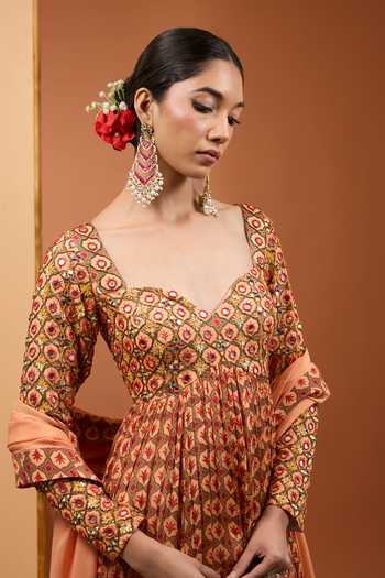 Neha Khullar_Peach Viscose, Chiffon Mirrors, Almond Embroidered Flared Anarkali With Dupatta _Online_at_Aza_Fashions