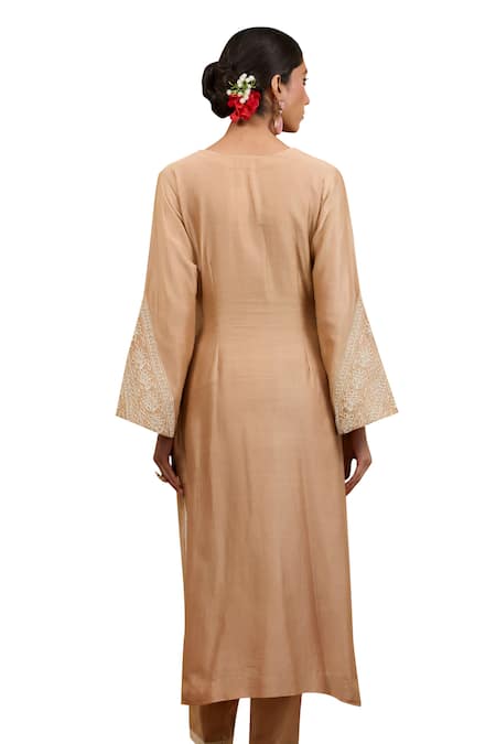 Buy_Neha Khullar_Gold Chanderi Silk Embroidery, Beads Plunge Neck Dori Kurta And Pant Set _Online_at_Aza_Fashions