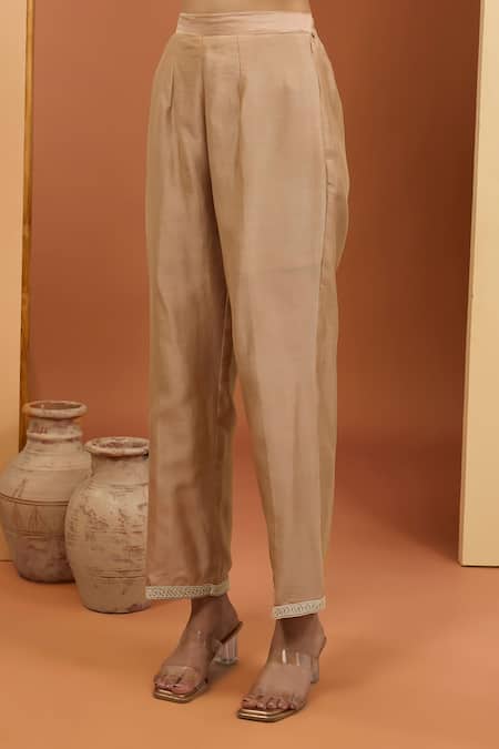 Shop_Neha Khullar_Gold Chanderi Silk Embroidery, Beads Plunge Neck Dori Kurta And Pant Set _Online_at_Aza_Fashions