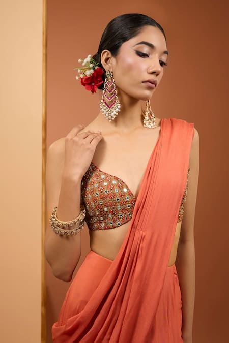 Buy_Neha Khullar_Orange Viscose, Chiffon Sequins, Beads, Panel Pre-draped Saree With Blouse _Online_at_Aza_Fashions