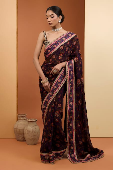 Neha Khullar Purple Viscose Organza Digital Print Embroidered Saree And Sleeveless Blouse Set 