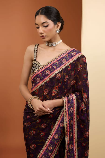 Shop Neha Khullar Purple Viscose, Organza Beads, Floral Embroidered Saree And Sleeveless Blouse Set Online at Aza Fashions Shop_Neha Khullar_Purple Viscose, Organza Beads, Floral Embroidered Saree And Sleeveless Blouse Set _Online_at_Aza_Fashions