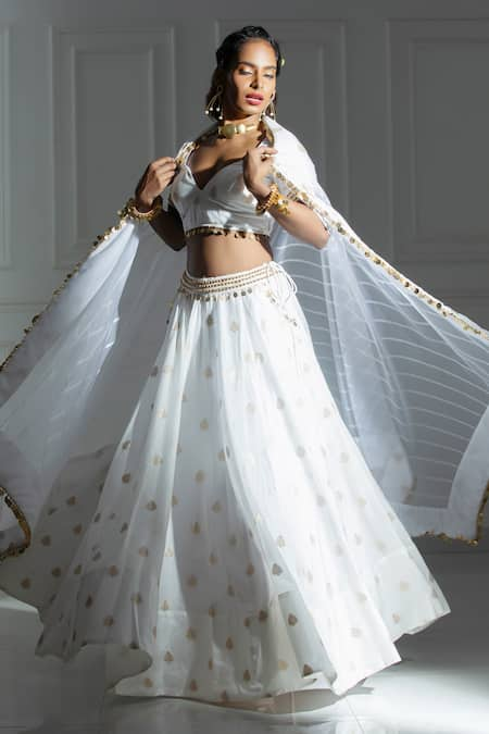 MONK & MEI BY SONIA ANAND Ivory Brocade Woven Leaf Butti Paan Neck Pattern Lehenga And Blouse Set 