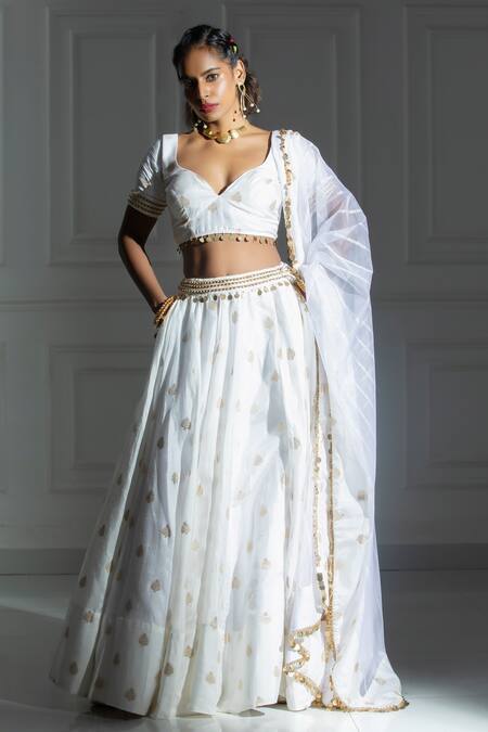 Monk & Mei By Sonia Anand_Ivory Organza, Silk, Brocade Beads Polo Leaf Butti Pattern Lehenga And Blouse Set _Online_at_Aza_Fashions