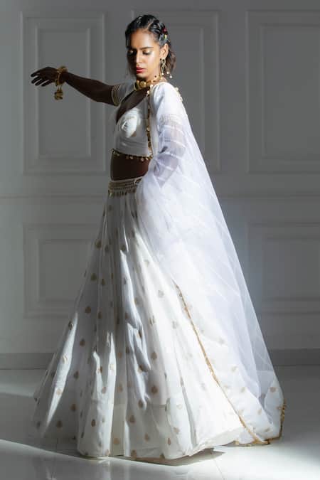 Buy_Monk & Mei By Sonia Anand_Ivory Organza, Silk, Brocade Beads Polo Leaf Butti Pattern Lehenga And Blouse Set _Online_at_Aza_Fashions