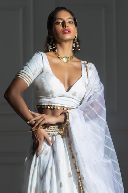Shop_Monk & Mei By Sonia Anand_Ivory Organza, Silk, Brocade Beads Polo Leaf Butti Pattern Lehenga And Blouse Set _Online_at_Aza_Fashions
