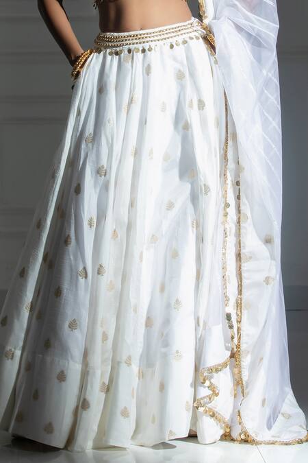 Monk & Mei By Sonia Anand_Ivory Organza, Silk, Brocade Beads Polo Leaf Butti Pattern Lehenga And Blouse Set _at_Aza_Fashions