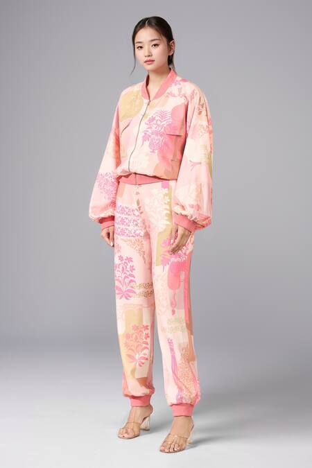 Pankaj & Nidhi_Multi Color Polyester Round Neck, Floral Printed Jacket And Jogger Pant Set _Online_at_Aza_Fashions