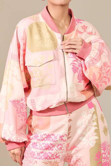 Shop_Pankaj & Nidhi_Multi Color Polyester Round Neck, Floral Printed Jacket And Jogger Pant Set _Online_at_Aza_Fashions