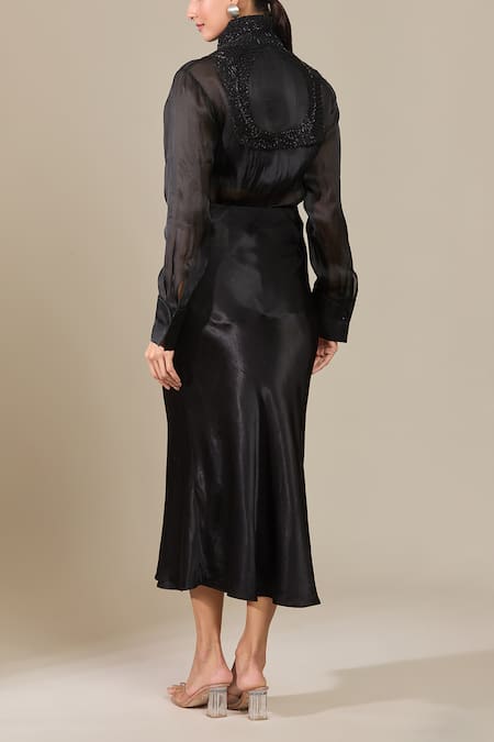 Shop Pankaj & Nidhi Black Silk Embroidery High Neck Pintucked Sheer Shirt at Aza Fashions Shop_Pankaj & Nidhi_Black Silk Embroidery High Neck Pintucked Sheer Shirt _at_Aza_Fashions