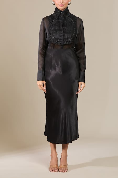 Buy Pankaj & Nidhi Black Silk Embroidery High Neck Pintucked Sheer Shirt Online at Aza Fashions Buy_Pankaj & Nidhi_Black Silk Embroidery High Neck Pintucked Sheer Shirt _Online_at_Aza_Fashions