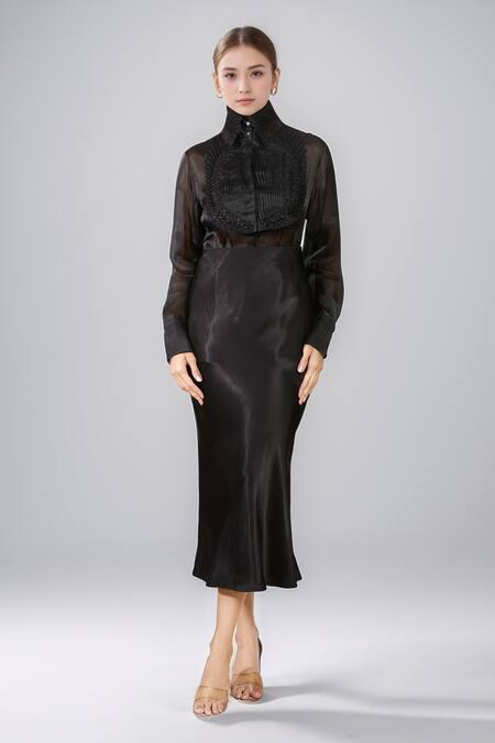 Pankaj & Nidhi Black Silk Embroidery High Neck Pintucked Sheer Shirt Online at Aza Fashions Pankaj & Nidhi_Black Silk Embroidery High Neck Pintucked Sheer Shirt _Online_at_Aza_Fashions