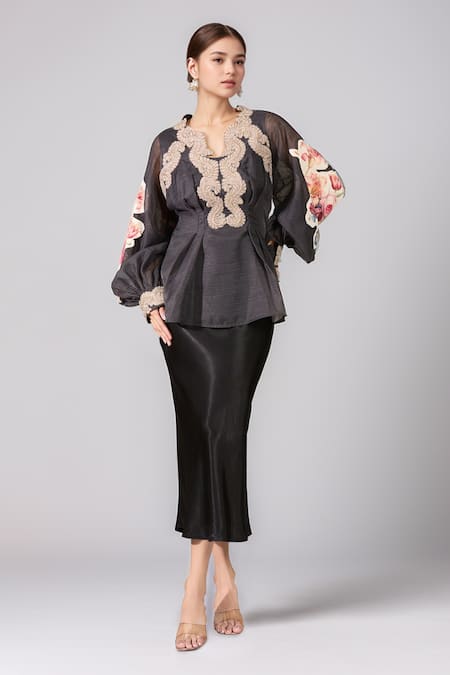 Pankaj & Nidhi Black Printed Floral Cutwork Sleeve Embroidered Top 