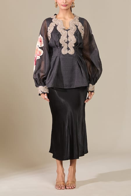 Buy_Pankaj & Nidhi_Black Embroidery Printed Sleeve Top _Online_at_Aza_Fashions