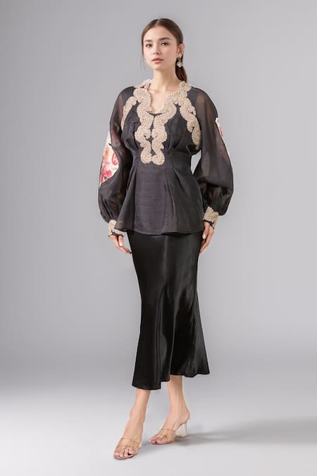 Pankaj & Nidhi_Black Embroidery Printed Sleeve Top _Online_at_Aza_Fashions