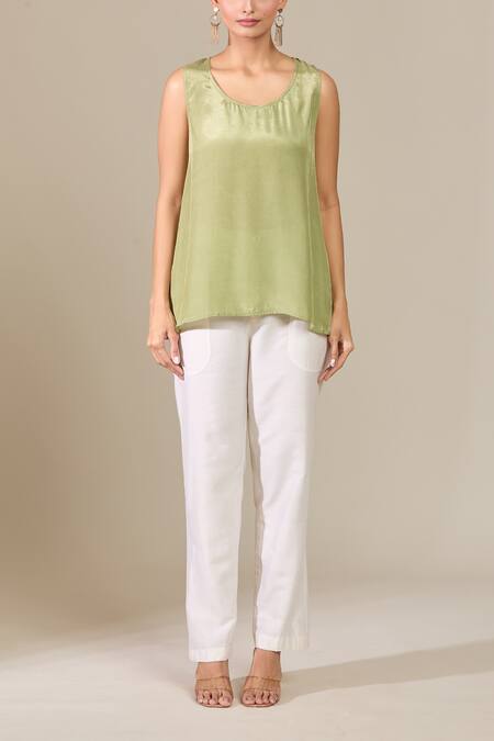 Buy_Pankaj & Nidhi_Green Embroidery High Neck Printed Sheer Shirt _Online_at_Aza_Fashions