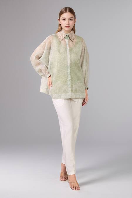 Pankaj & Nidhi_Green Embroidery High Neck Printed Sheer Shirt _Online_at_Aza_Fashions