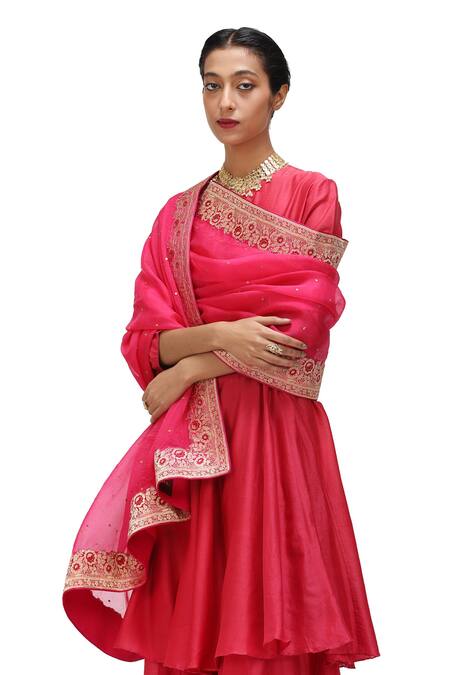 Shop_Mimamsaa_Fuchsia Organza Silk Hand Woven Brocade Daman Hem Dupatta _Online_at_Aza_Fashions