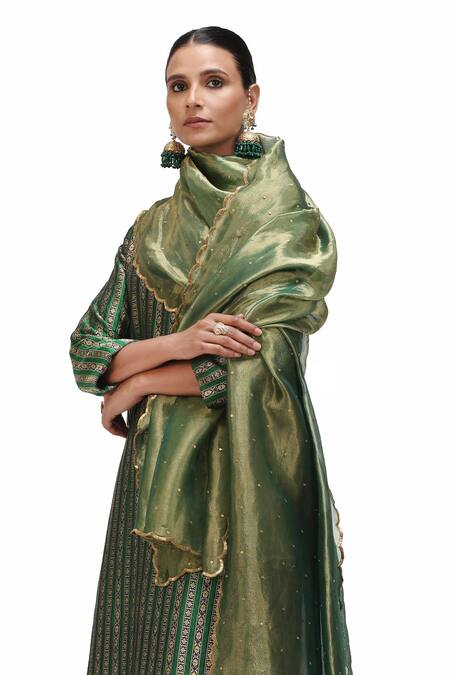 Buy_Mimamsaa_Green Tissue Silk Embroidered Sequin Chaya Scallop Hem Dupatta _Online_at_Aza_Fashions