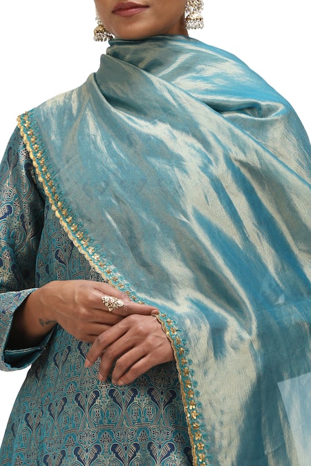 Mimamsaa_Blue Tissue Silk Embroidered Sequin Gazal Scallop Hem Dupatta _Online_at_Aza_Fashions