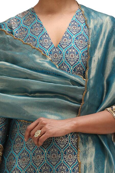 Mimamsaa_Blue Tissue Silk Embroidered Sequin Rukh Scallop Hem Dupatta _Online_at_Aza_Fashions