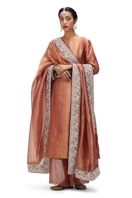 Mimamsaa_Brown Tissue Silk Embroidered Floral Urmila Hem Dupatta _at_Aza_Fashions