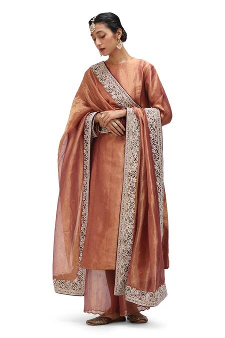 Buy_Mimamsaa_Brown Tissue Silk Embroidered Floral Urmila Hem Dupatta 