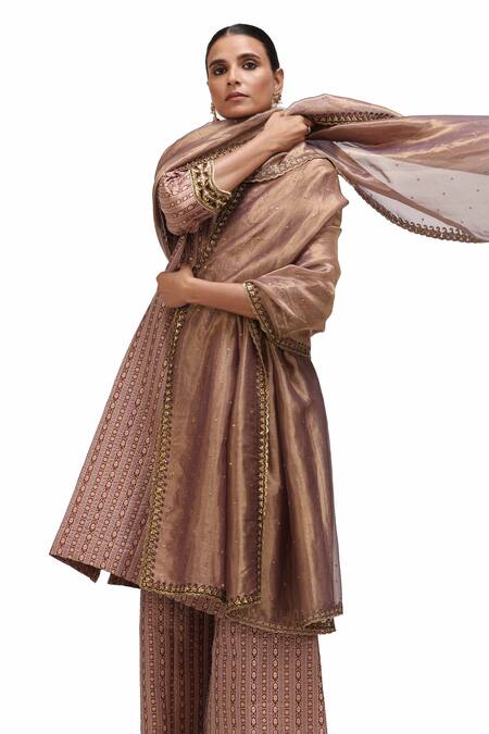 Buy_Mimamsaa_Brown Tissue Silk Embroidered Sequin Sunita Scallop Hem Dupatta 