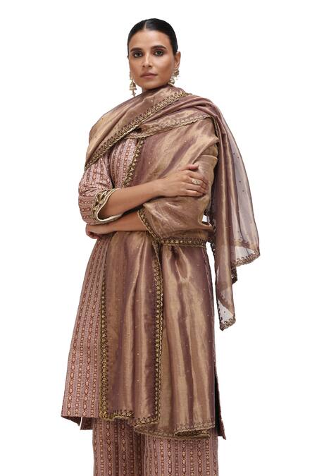 Shop_Mimamsaa_Brown Tissue Silk Embroidered Sequin Sunita Scallop Hem Dupatta 