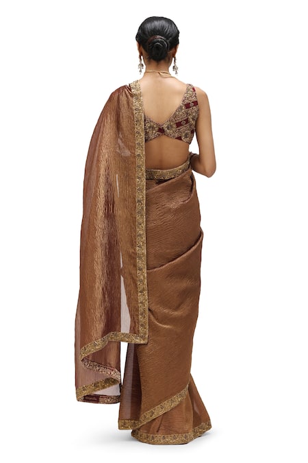 Mimamsaa_Brown Crepe, Tissue Sequins, Embroidery Shilpi Hem Saree _Online_at_Aza_Fashions