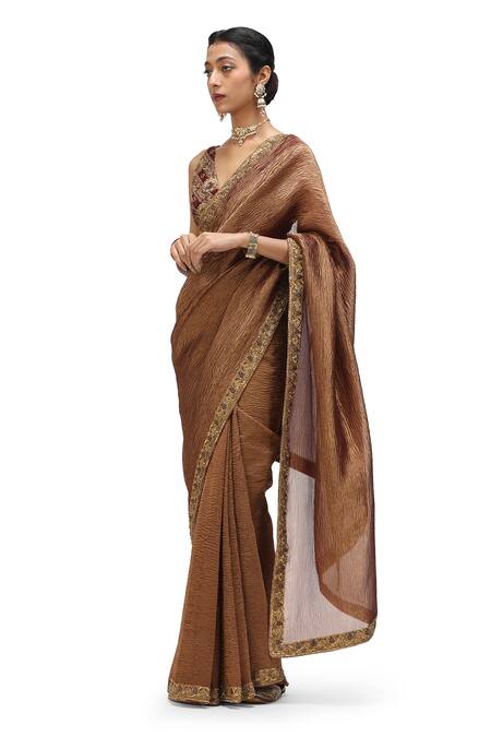 Buy_Mimamsaa_Brown Crepe, Tissue Sequins, Embroidery Shilpi Hem Saree _Online_at_Aza_Fashions