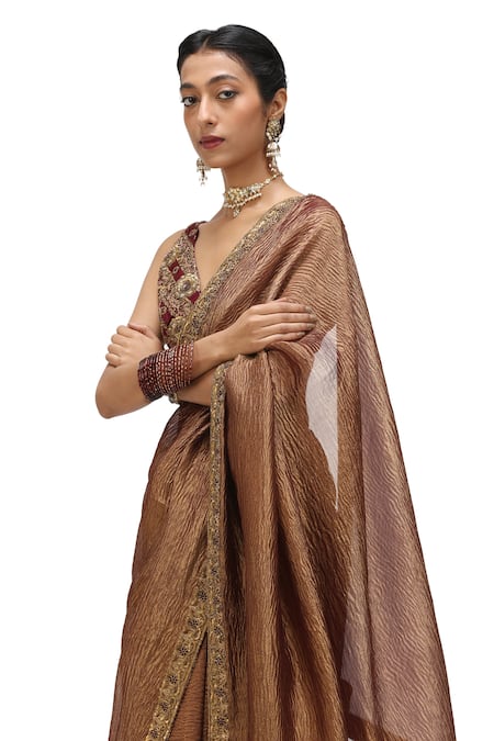 Shop_Mimamsaa_Brown Crepe, Tissue Sequins, Embroidery Shilpi Hem Saree _Online_at_Aza_Fashions