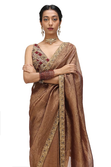 Mimamsaa_Brown Crepe, Tissue Sequins, Embroidery Shilpi Hem Saree _at_Aza_Fashions