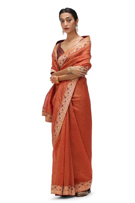 Buy_Mimamsaa_Orange Crepe Sequins, Embroidery Fara Hem Saree _Online_at_Aza_Fashions