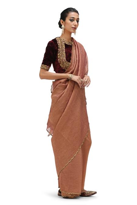 Buy_Mimamsaa_Brown Crushed Tissue Embroidered Sequin Hanita Scallop Hem Saree _Online_at_Aza_Fashions