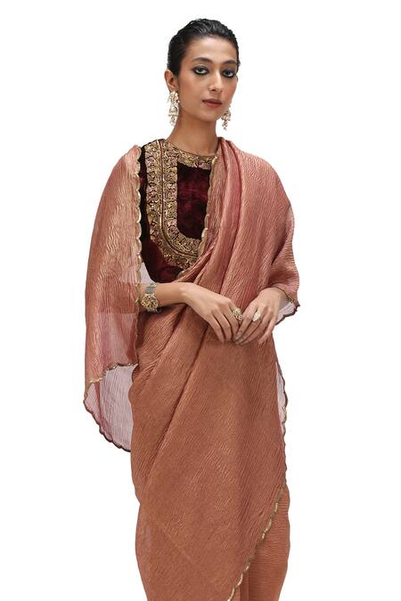 Shop_Mimamsaa_Brown Crushed Tissue Embroidered Sequin Hanita Scallop Hem Saree _Online_at_Aza_Fashions