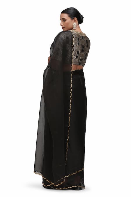 Mimamsaa_Black Organza Silk Embroidered Sequin Sati Scallop Hem Saree _Online_at_Aza_Fashions